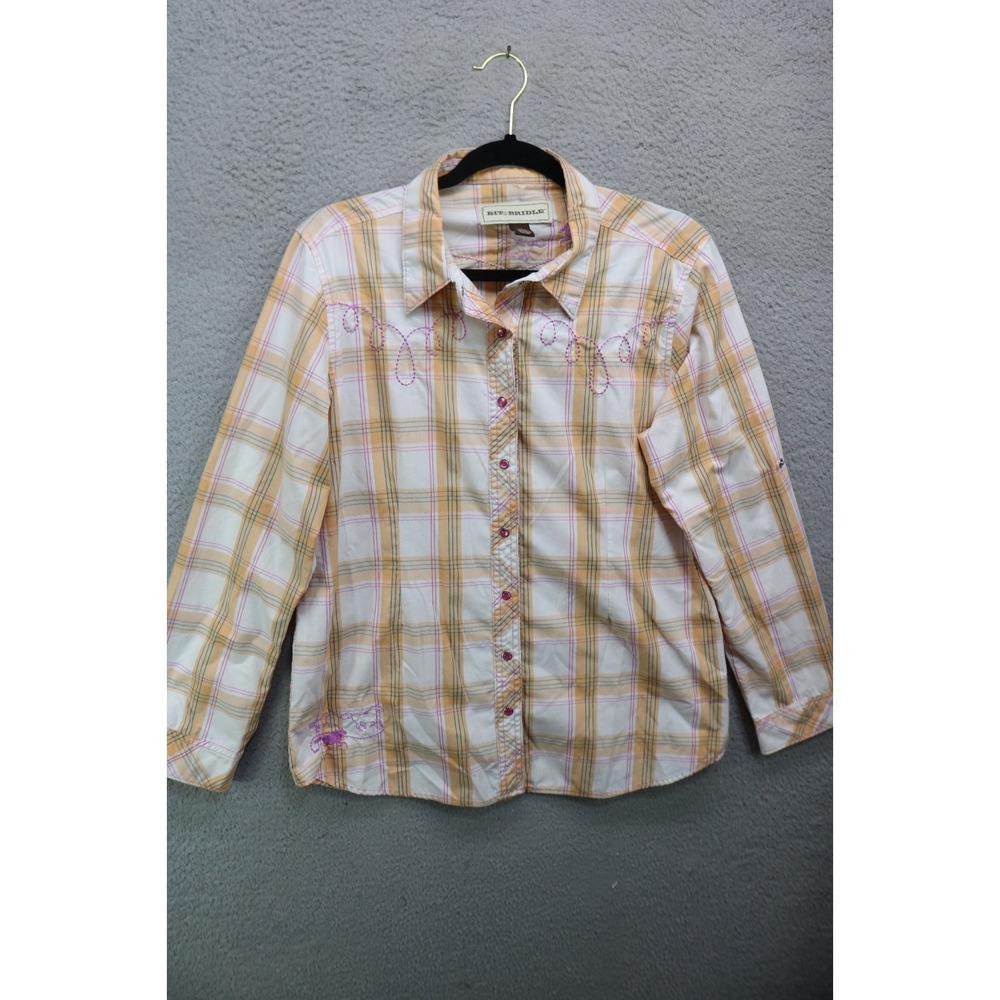Bit & Bridle Long Roll Tab Sleeve Plaid Pearl Snaps Top-Equestrian-Large